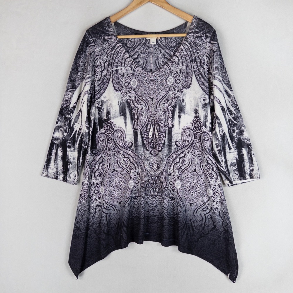 World Unity Womens Tunic Top XL Black White Paisley V-Neck Sharkbite Hem Boho